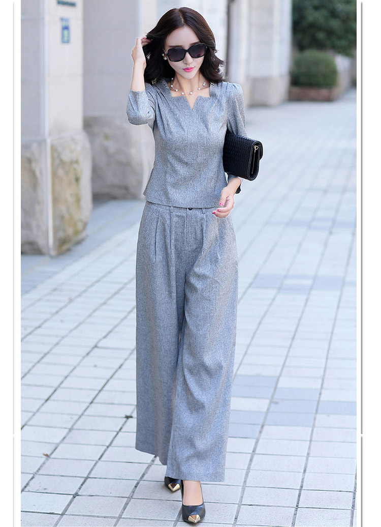 梵采儿 2015秋装新款女装时尚套装阔腿裤两件套长裤名媛棉麻修身休闲套装9003 灰色. XL