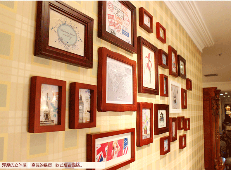 梓晨 照片墙 欧式相片墙 相框墙 客厅 实木复古 创意相框画框组合 白咖混搭