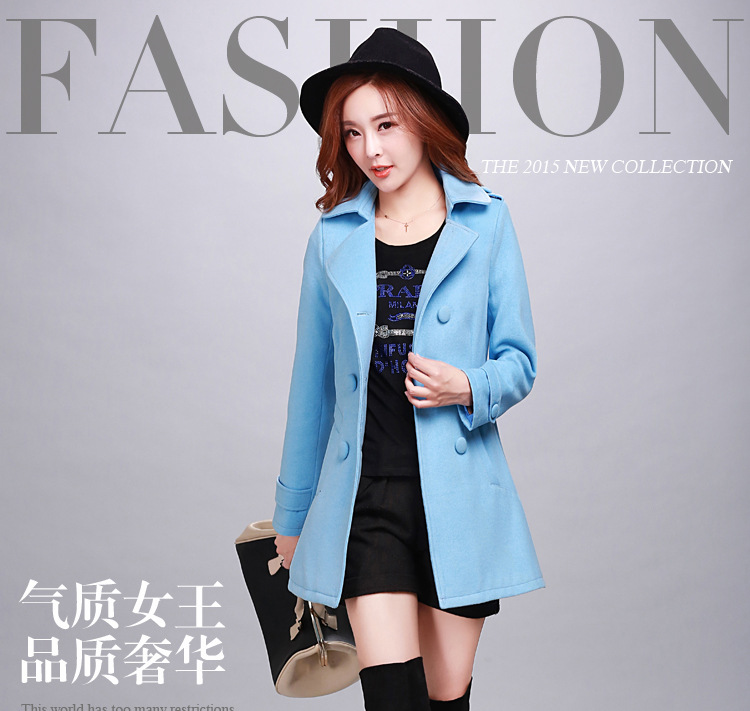 迷尚佰丽2015秋冬季新款时尚韩版毛呢外套修身显瘦气质毛呢大衣女装 藏青色 L