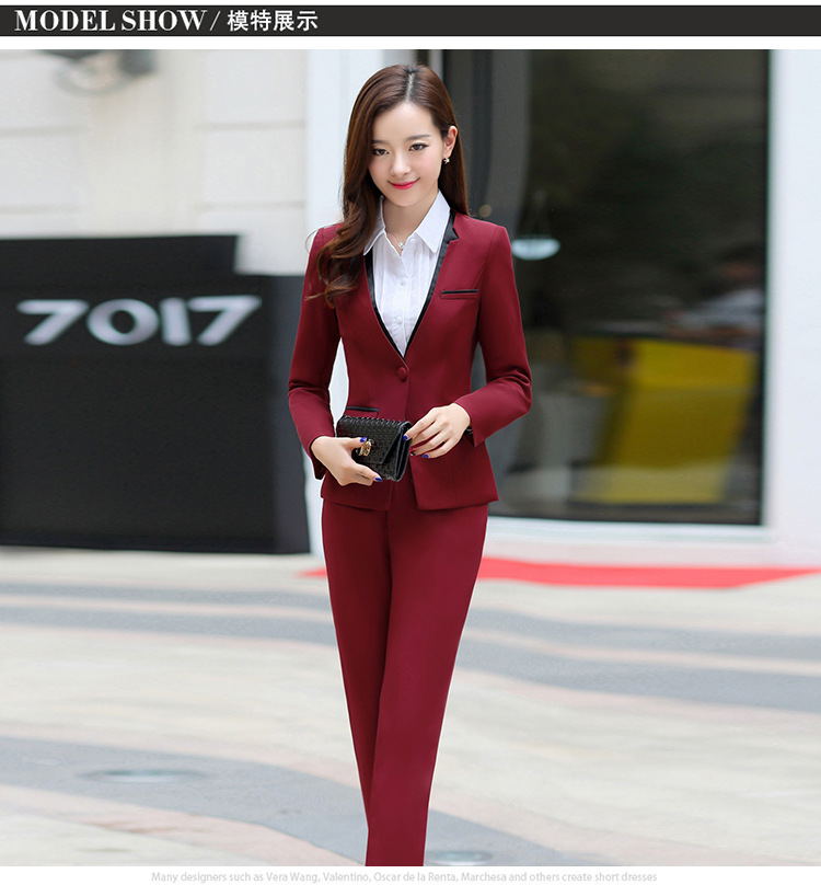 丹杰仕职业装女装长袖秋冬正装两件套长裤西装工作服商务休闲西服套装 枣红 S