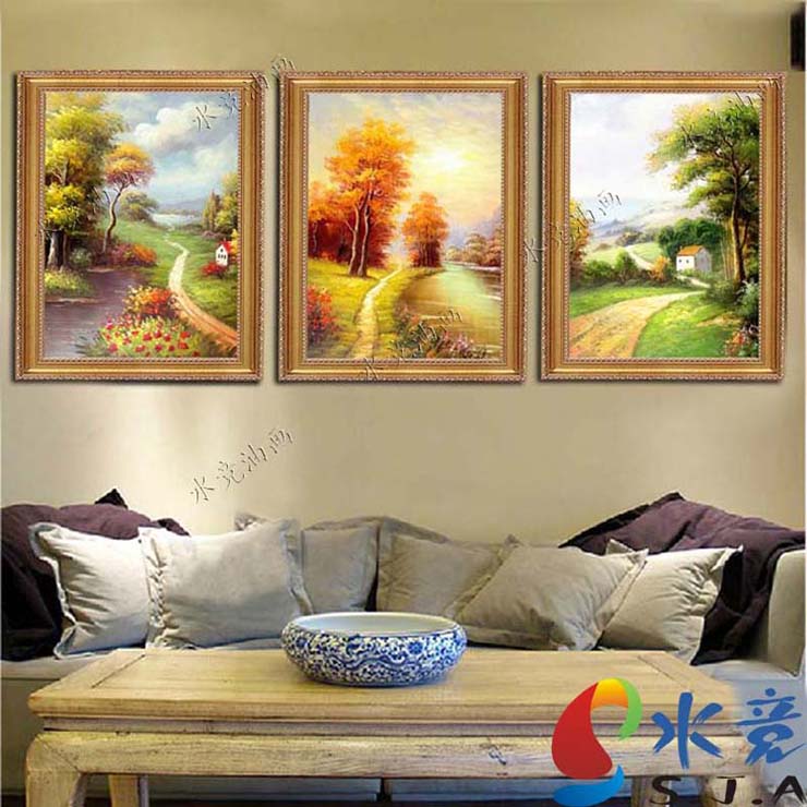 
                                        水竞客厅油画手绘玄关装饰画竖版挂画现代简欧式风景壁画组合画 三幅一套 60*80                