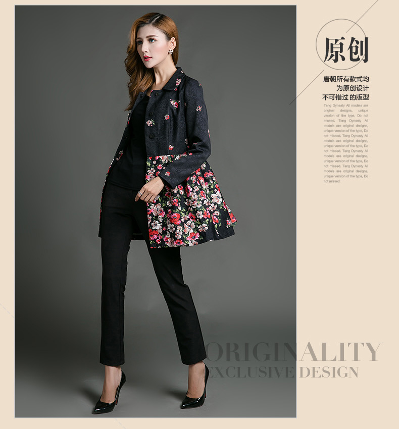 唐朝2015秋冬新款民族时尚碎花单排扣中长款风衣外套女装TQY42026 黑底木茉莉 L