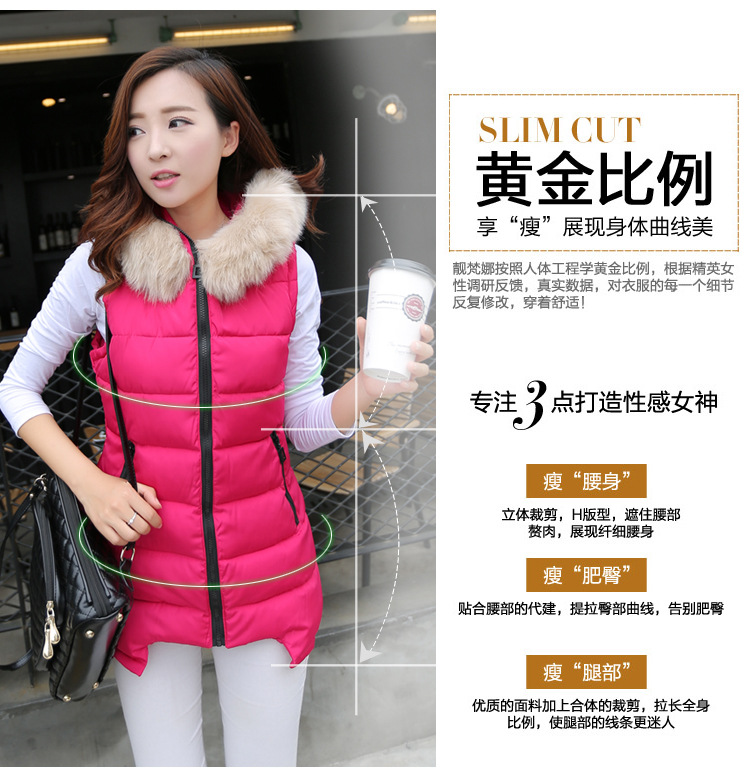 拍2015韩版中长款修身可拆卸大毛领马甲时尚冬装羽绒棉服女605 玫红色 2XL