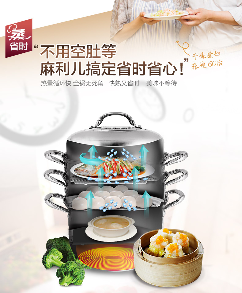 爱仕达蒸锅ASD 26CM复合底不锈钢蒸锅 三层蒸锅锅具WK1526 带蒸笼蒸屉