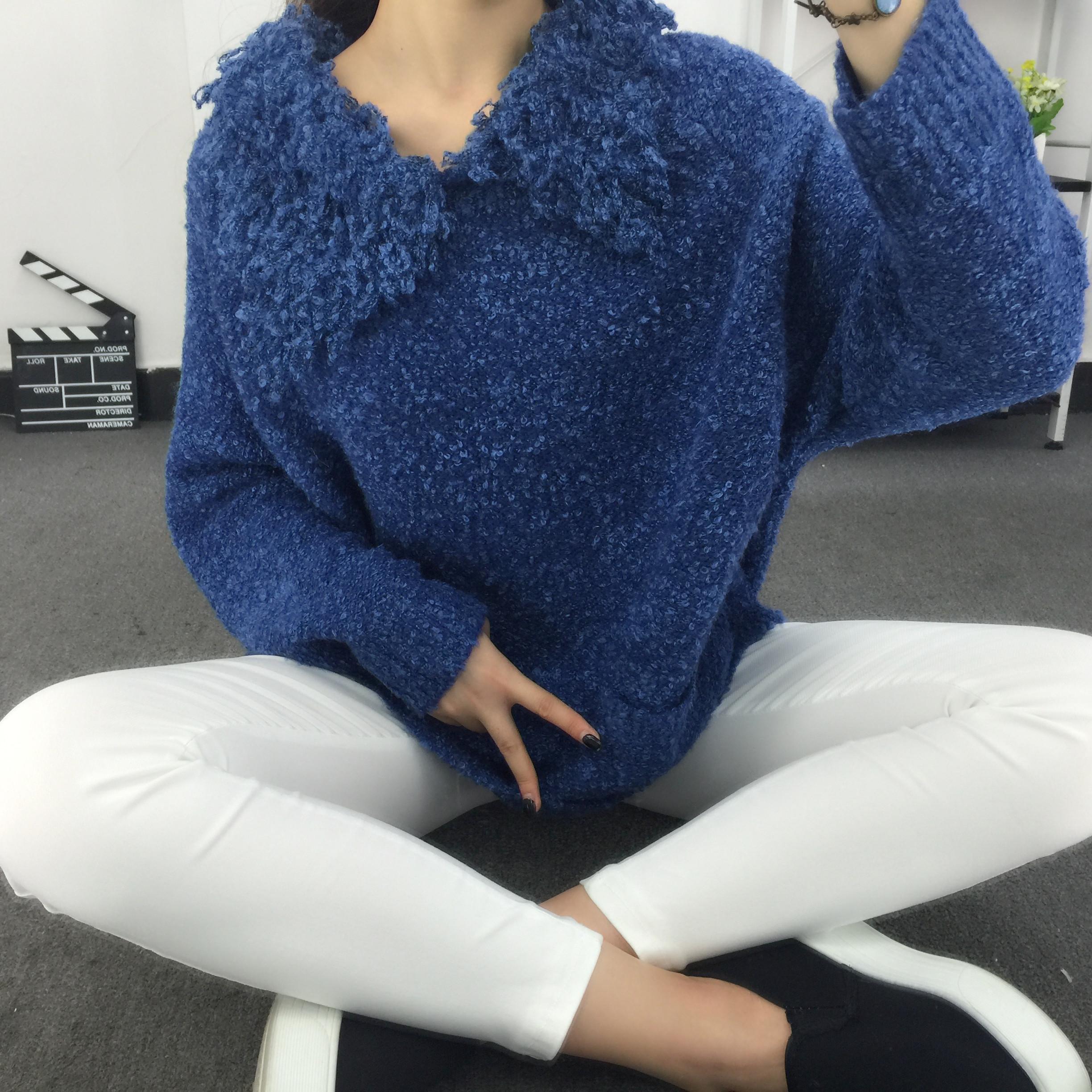 2015冬装新款点点毛绒绒外套大翻领宽松口袋杂线毛衣秋冬天针织衫 黑色 均码
