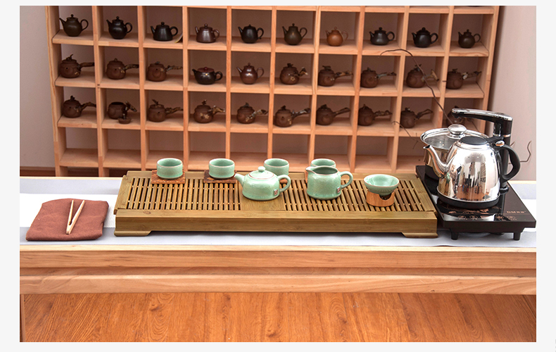 祥福 汝窑汝瓷开片整套功夫茶具套装 排水式盛水式 孟宗竹制实木四合一带电磁炉茶盘茶托茶台 贞元汇合福器套组