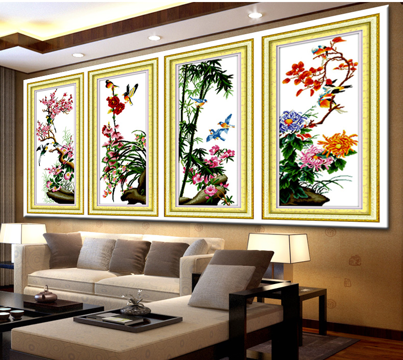 A KS点钻十字绣套件新款钻石绣贴钻画梅兰竹菊钻石画竖版圆钻客厅四联画系列水晶钻石秀钻粘画 QT6371兰 长0.45米*宽0.98米