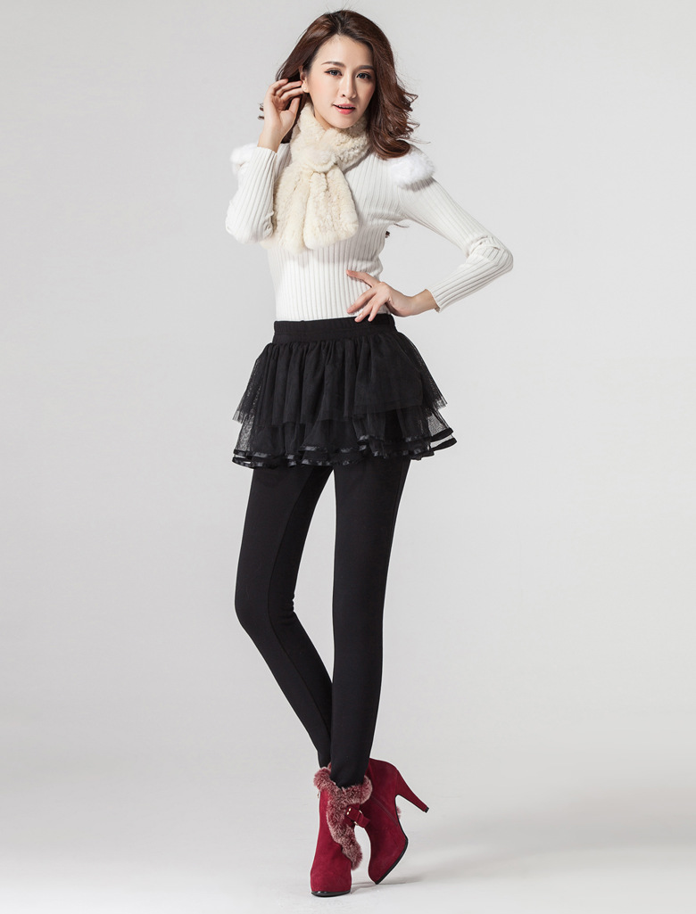 蜜诺依  2015秋季新款女装加绒加厚假两件网纱裙裤Q1398 黑色 XXL