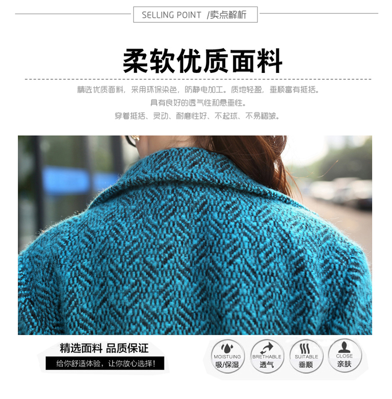 斐曼诗 2015秋冬新款呢子大衣中长款毛呢外套女 910 蓝色 L