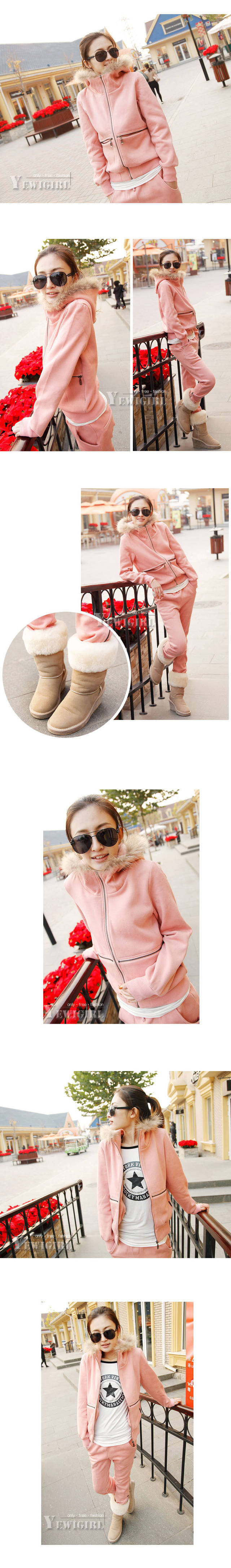 幕依3021#狐狸毛 秋冬装新品 貉子毛连帽拉链加厚卫衣套装女款三件套 粉色3件套 L好质量