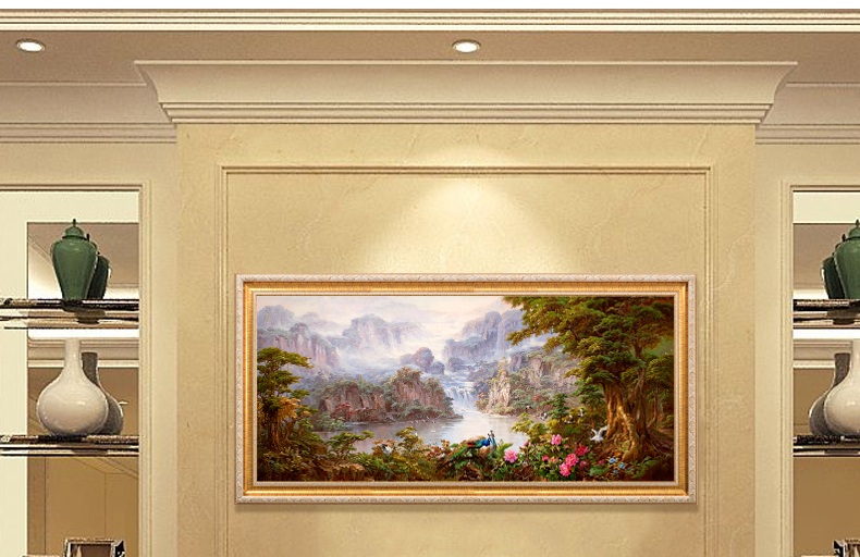 
                                        纵海艺术 办公室油画 聚财旺运 现代中式客厅沙发背景墙壁挂画 风景山水画 聚宝盆装饰画 标准款画框 80*160                