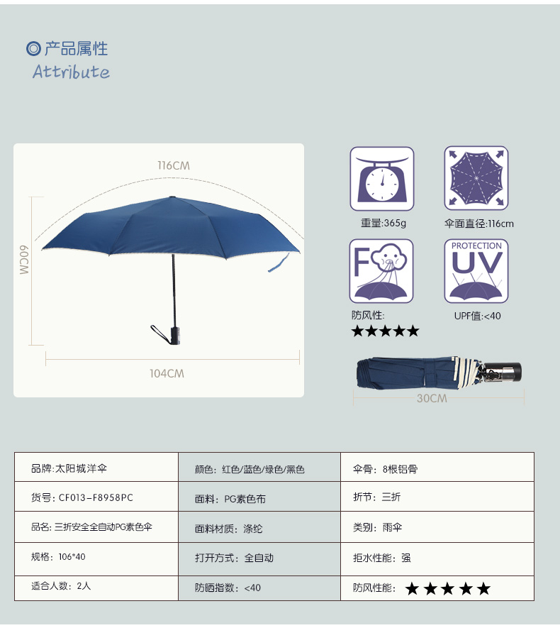 太阳城(SUN CITY)男女商务雨伞三折全自动开收双人折叠防风伞CF013   黑色