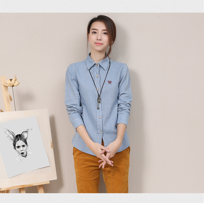 森女系字母标志刺绣衬衫 蓝色 M