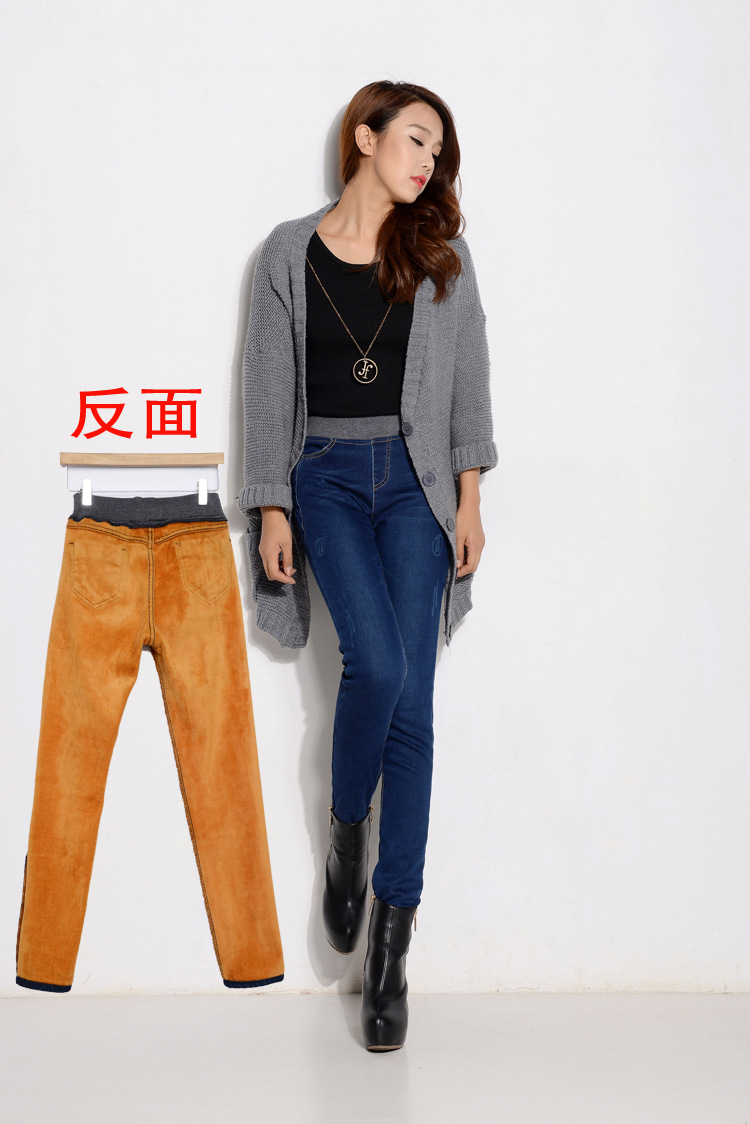mineeor2015韩版秋冬加绒加厚新款棉弹力小脚牛仔长裤女大码中高松紧腰修身显瘦866 破洞浅蓝 32码