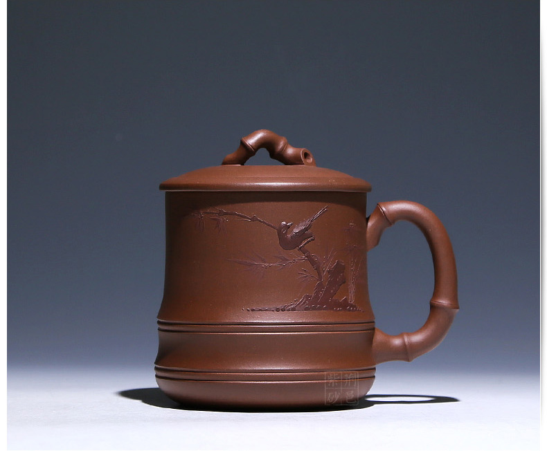 紫砂杯子宜兴全手工茶杯茶壶茶具紫砂壶杯功夫原矿紫砂盖杯名家  泥绘竹韵 珍藏
