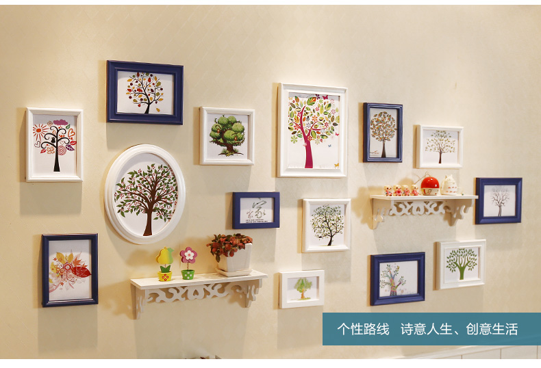 图慕 置物架照片墙相框墙创意相墙组合餐厅客厅卧室相框挂墙背景墙 HD-1588 白蓝+送生命之星画心