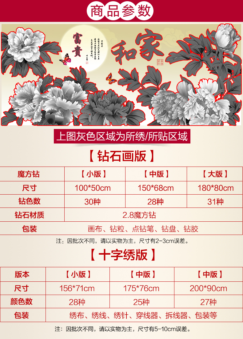 
                                        芙林达（FULINDA） 钻石画满钻客厅家和万事兴印花十字绣线绣牡丹花大幅十字绣 【不满钻】180*80cm多配钻                