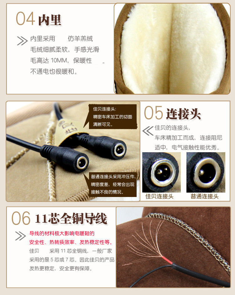 
                                        佳贝usb充电 插电可调温 电暖鞋 插电电暖鞋 暖脚宝 保暖鞋 电热鞋 加热鞋  可行走 卡其女34-38码通用(送usb电源转换器插头)                