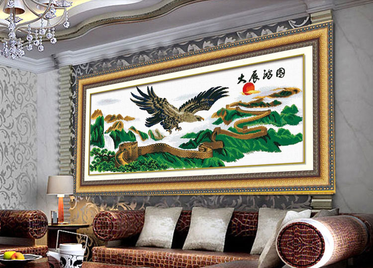 
                                        爱度ks 印花十字绣大展宏图迎客松万里长城老鹰雄鹰大幅客厅大幅画 马到成功150*50cm 客厅大画中格3股线绣                