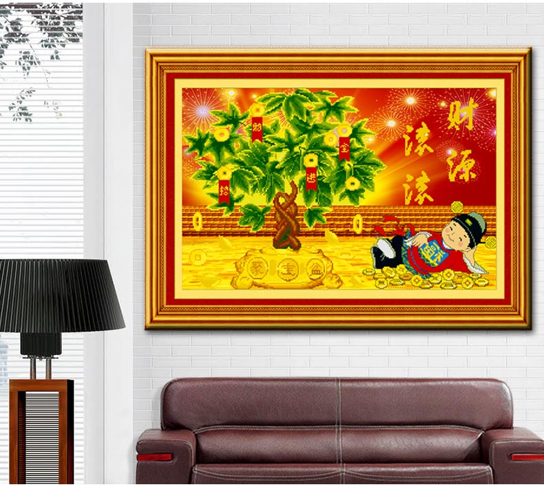 
                                        欧伦皇室魔方钻石十字绣钻石画新款摇钱树5D钻石绣贴钻画满钻财神爷客厅画圆钻石贴画砖石绣水钻 QT6458财源滚滚 尺寸长约75cm宽约50cm                