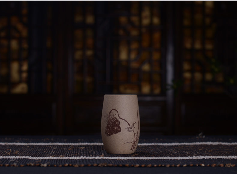 弘盛窑 全手工紫砂 茶杯 品茗杯 主人杯 功夫茶杯 手刻限量个人杯 青灰泥紫砂小杯 青灰泥莲蓬小号
