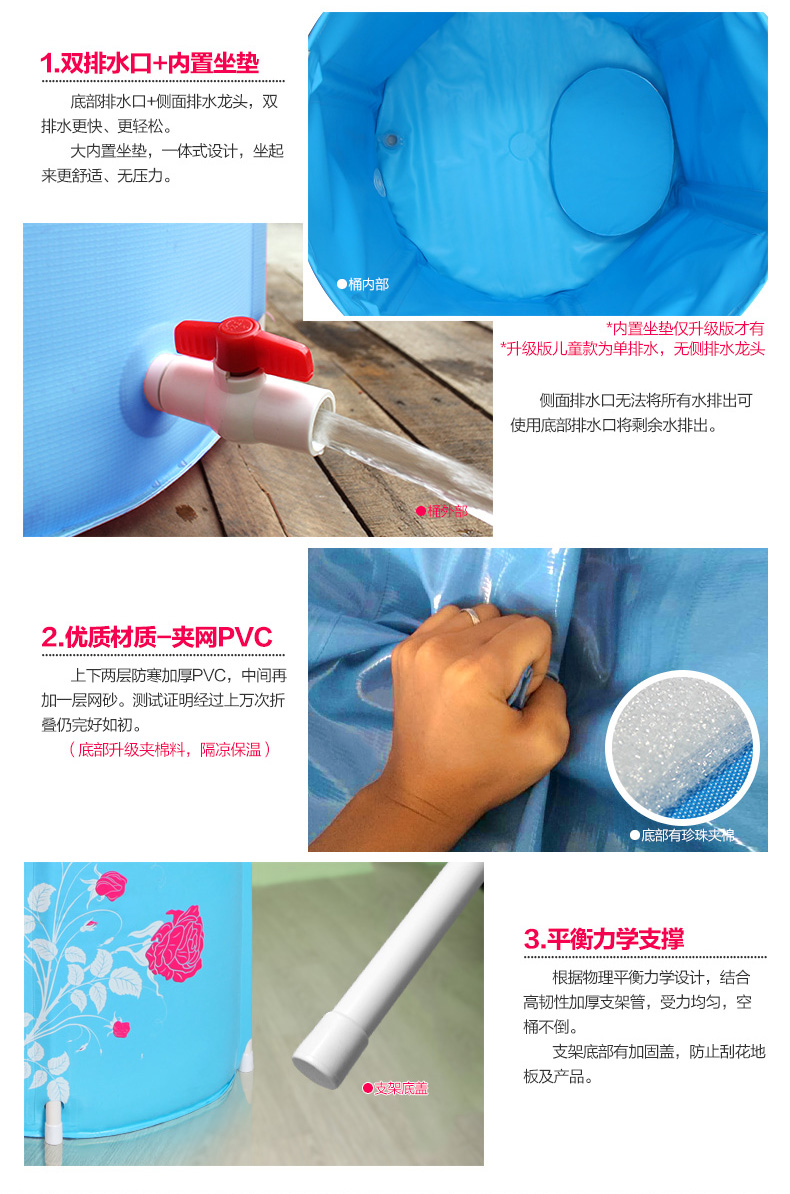 
                                                            水美颜折叠加厚泡澡桶 成人洗澡盆婴儿童沐浴桶塑料免充气浴缸洗浴用品 蓝色65*70                