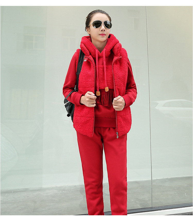 靓淑加厚卫衣女冬2015韩版时尚女装新款连帽马甲运动休闲服三件套套装女 黑色 L