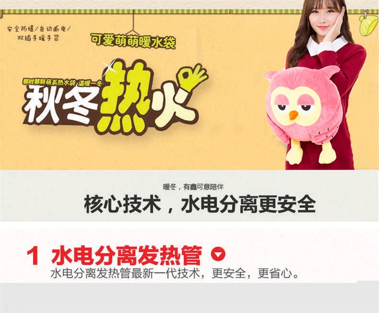 迪胜双插手充电热水袋防爆暖手宝抱枕暖水袋暖宝宝毛绒可拆洗 粉红猫头鹰