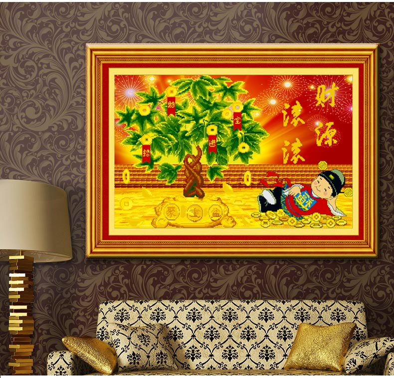 
                                        欧伦皇室魔方钻石十字绣钻石画新款摇钱树5D钻石绣贴钻画满钻财神爷客厅画圆钻石贴画砖石绣水钻 QT6458财源滚滚 尺寸长约75cm宽约50cm                