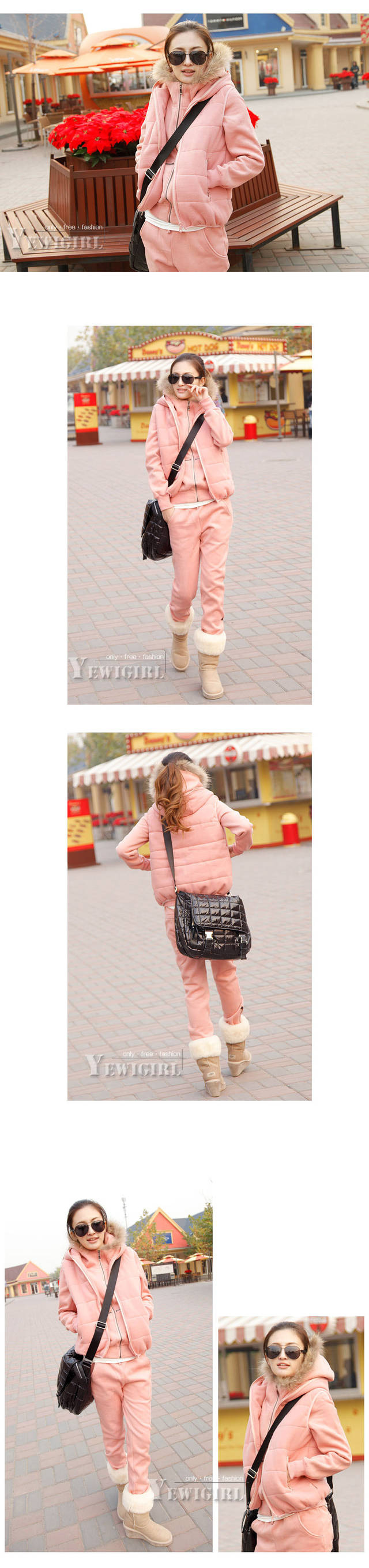 幕依3021#狐狸毛 秋冬装新品 貉子毛连帽拉链加厚卫衣套装女款三件套 粉色3件套 L好质量