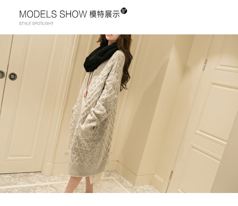 ESVT韩版2015冬季新款针织开衫冬女时尚简约气质优雅迷人V领中长款女外套 潮 灰色 均码