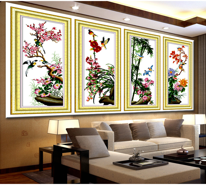 A KS点钻十字绣套件新款钻石绣贴钻画梅兰竹菊钻石画竖版圆钻客厅四联画系列水晶钻石秀钻粘画 QT6371兰 长0.45米*宽0.98米
