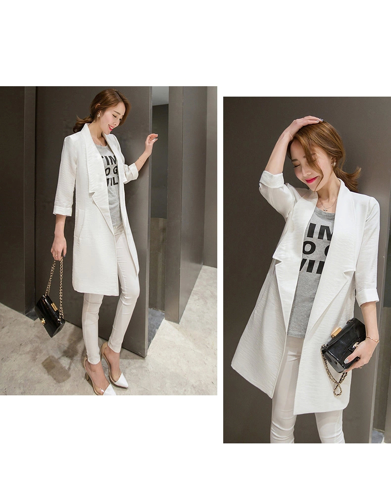 靓昕阁 2015秋季新品 韩版修身七分袖中长款休闲西服棉麻薄外套 9223 白色 L
