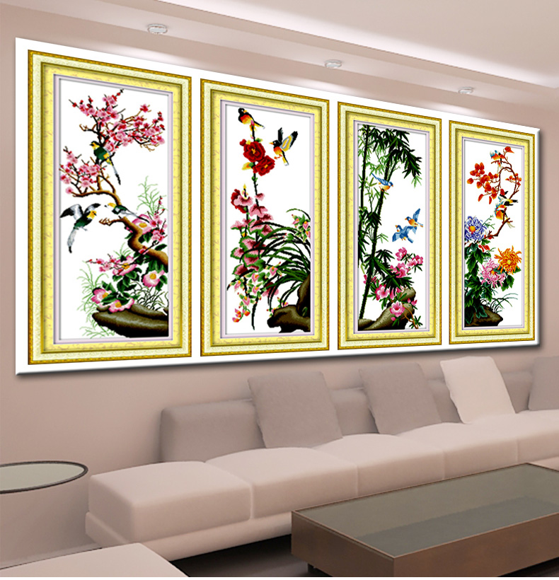 A KS点钻十字绣套件新款钻石绣贴钻画梅兰竹菊钻石画竖版圆钻客厅四联画系列水晶钻石秀钻粘画 QT6371兰 长0.45米*宽0.98米