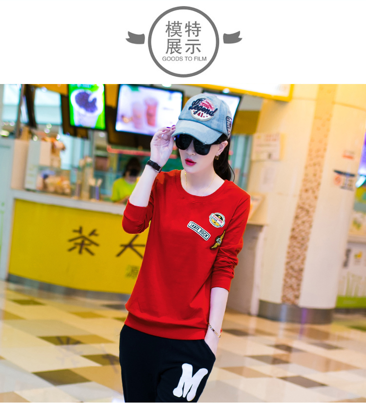 2015 秋冬新款休闲套装圆领长袖女士运动套装韩版女 红色 XL