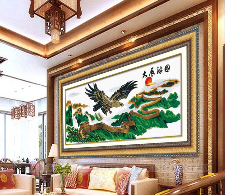
                                        爱度ks 印花十字绣大展宏图迎客松万里长城老鹰雄鹰大幅客厅大幅画 马到成功150*50cm 客厅大画中格3股线绣                