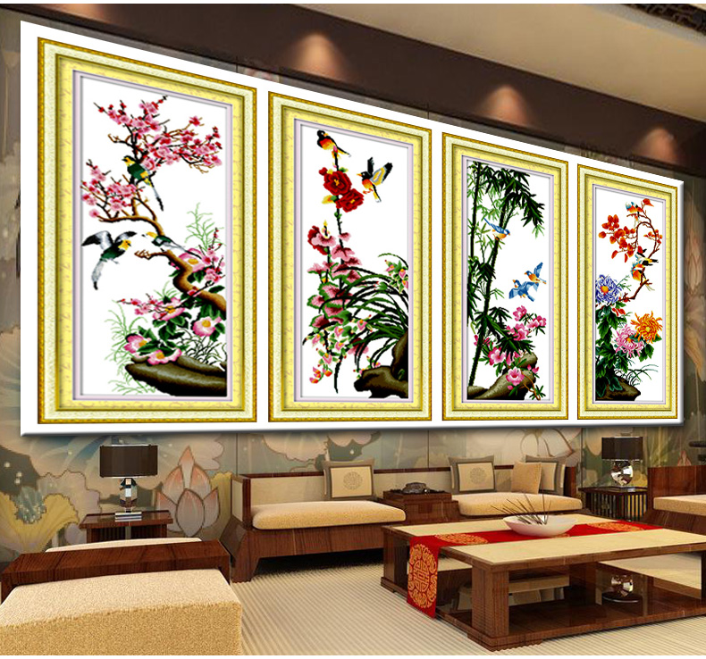 A KS点钻十字绣套件新款钻石绣贴钻画梅兰竹菊钻石画竖版圆钻客厅四联画系列水晶钻石秀钻粘画 QT6371兰 长0.45米*宽0.98米