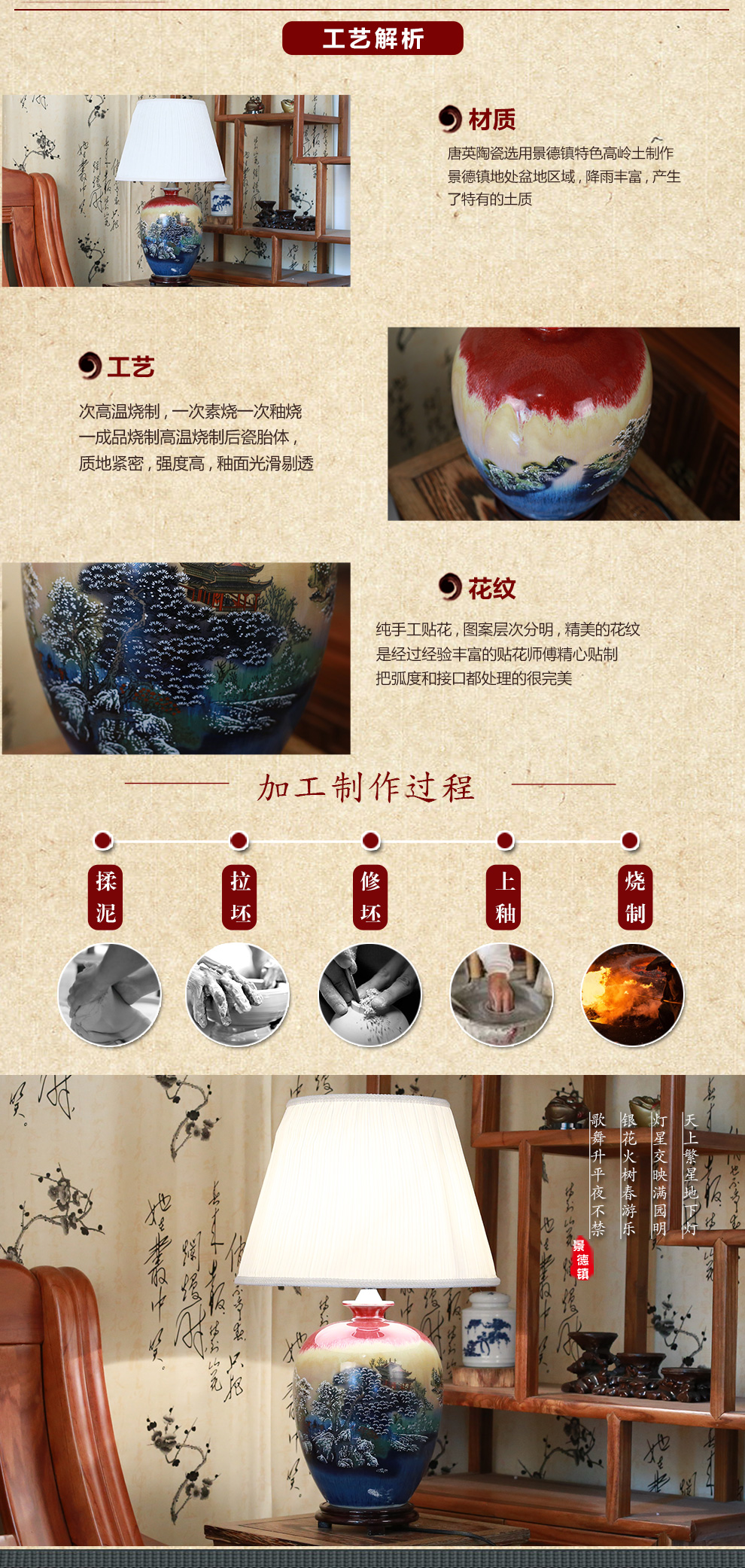 
                                        唐英陶瓷台灯  景德镇中式台灯卧室床头灯具送光源古典田园 乔迁礼物 雪景                