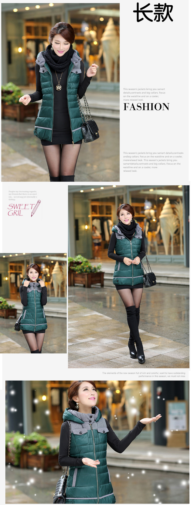 妃珂特 2015秋冬新款女装短款韩版 无袖羽绒棉服马甲外套背心棉衣女S101 墨绿色 长款 2XL(110左右)