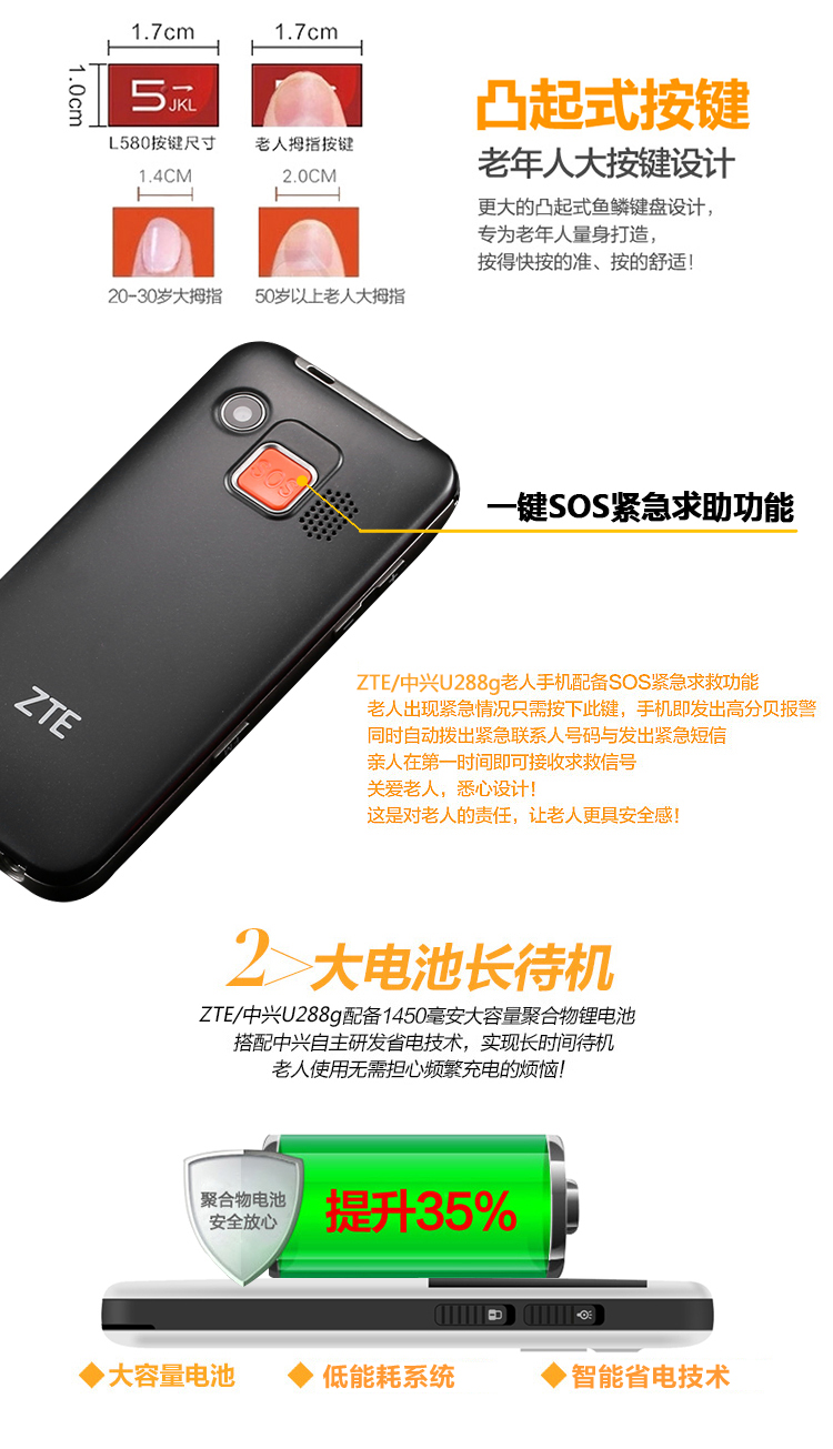 
                                        中兴（ZTE）U288G 移动/联通2G 老人手机 黑色                