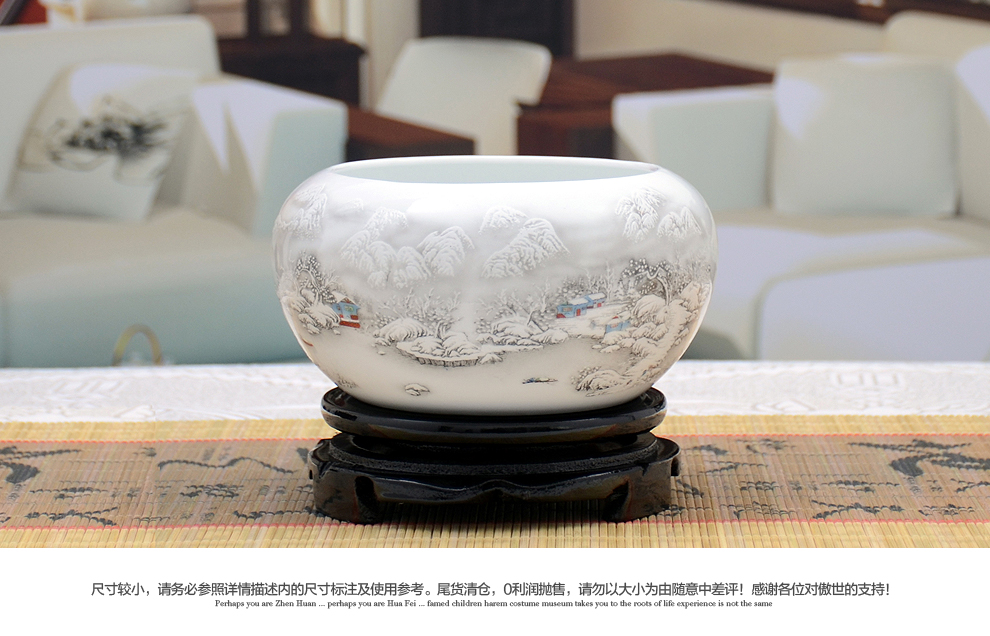 
                                                                                景德镇陶瓷器风水聚宝盆小养鱼缸乌龟缸睡莲碗水缸工艺品客厅摆件家居酒柜玄关电视柜办公室装饰品摆设 中号溪山访友鱼缸（配木质旋转底座）                