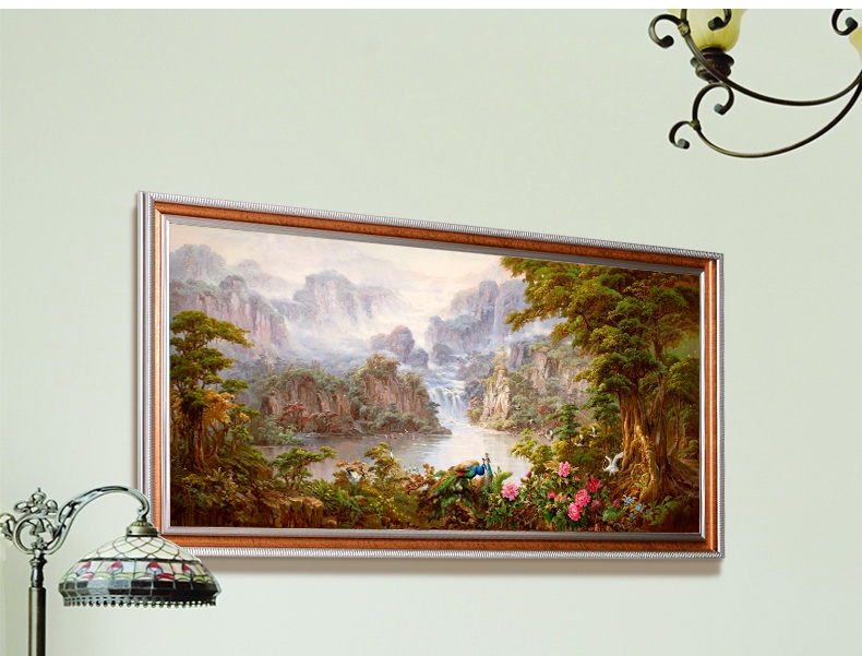 
                                        纵海艺术 办公室油画 聚财旺运 现代中式客厅沙发背景墙壁挂画 风景山水画 聚宝盆装饰画 标准款画框 80*160                