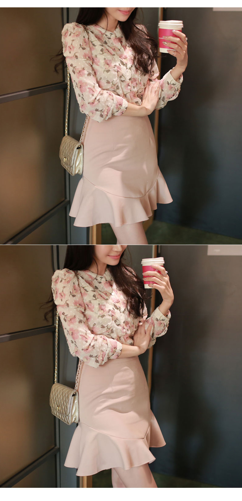 Dido2015秋款女装长袖碎花雪纺衫衬衫裙子两件套装女 粉红色 XL