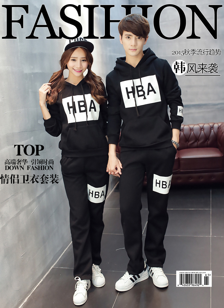 魅立妍2015情侣装卫衣韩版连帽套头运动学生休闲套装班服 黑色 L女