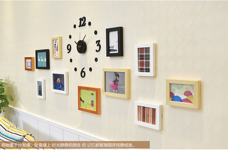 古笛 实木钟表照片墙 创意相框墙 11框组合 小客厅相片墙11HD-11 黑白原胡4色灵动混搭+钟