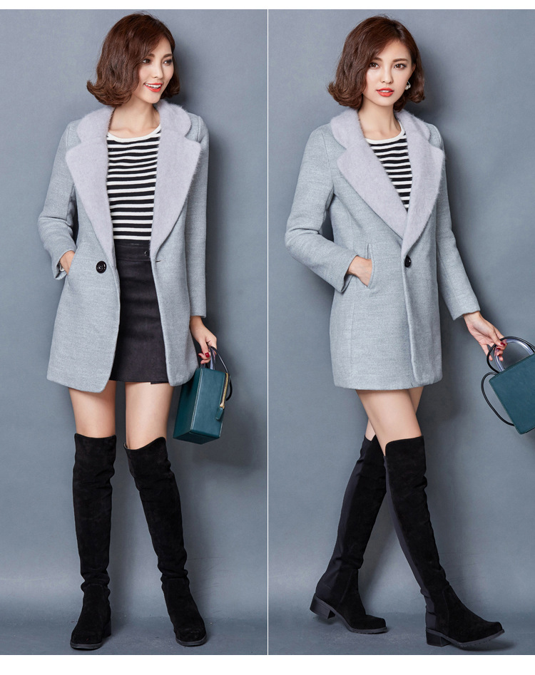 怡情蜜2015冬装新款加厚夹棉大码毛呢外套女中长款韩版仿貂毛领毛呢大衣中长款 冬 灰色 2XL