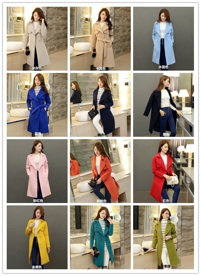 贝蕾曼2015冬季新款毛呢外套女中长款韩版大衣修身显瘦纯色 蓝色 L