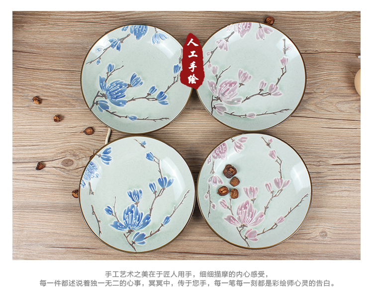 
                                        素珀 釉下彩手绘日式和风餐具芝麻釉陶瓷饭碗套装米饭碗盘碗盘碟碗碟套装盘子碟子情侣餐具套装 蓝1碗1盘+粉1碗1盘                