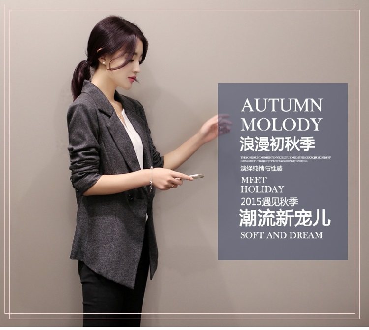 HI!JANE2016春秋季新款女士小西装长袖韩版外套秋装修身职业女装棉麻小西服女 黑色 XXL
