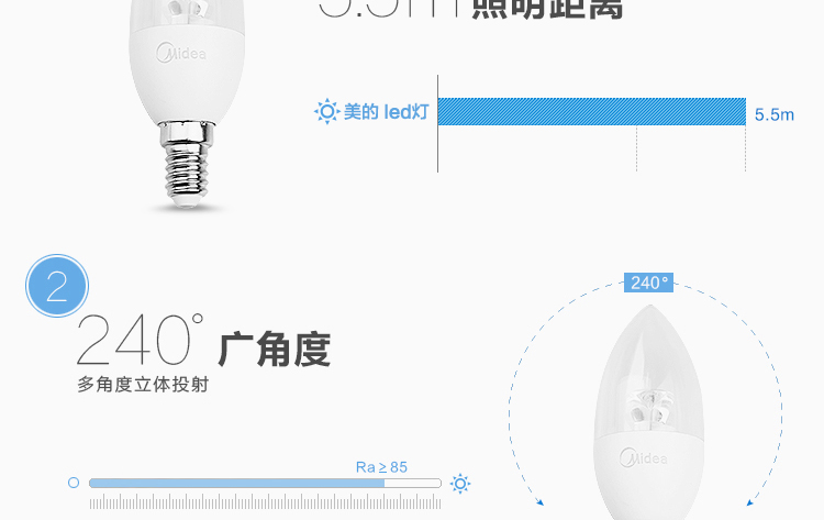 
                                        
                                        美的（Midea） LED节能灯泡 蜡烛尖泡 3W E14小螺口 3000K 暖白色 单只装                